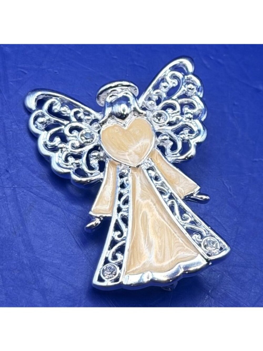 Silver Tone Angel Brooch Pin Cream Enamel Heart Rhinestone Wings Openwork Vintag